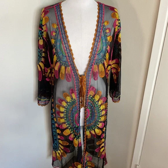 RACHEL Rachel Roy Colorful Sheer Kimono Swim Cover Up One Size Beach - Picture 2 of 10